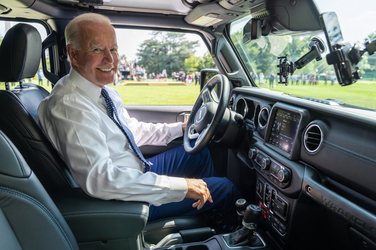 President Joe Biden drives a Jeep Wrangler Rubicon during a clean cars event, Thursday, August 5, 2021, on the South Lawn Driveway of the White House. (Official White House Photo by Adam Schultz)
