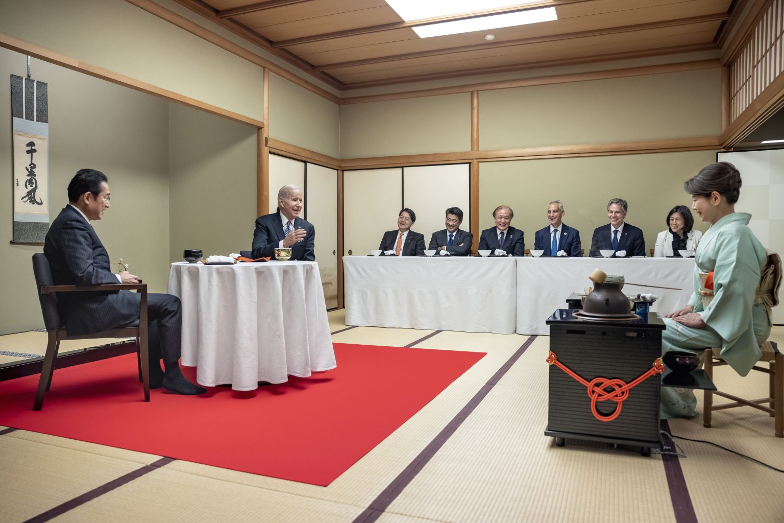 President Joe Biden attends a green tea ceremony hosted by Japanese Prime Minister Kishida Fumio and his wife Yuko Kishida, Monday, May 23, 2022, at Kochuan restaurant in Tokyo. (Official White House Photo by Adam Schultz)