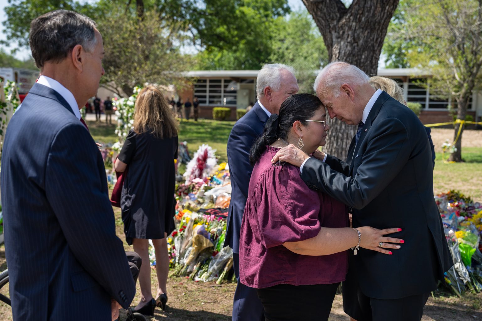 President Joe Biden and First Lady Jill Biden meet with School Superintendent Dr. Hal Harrell and principal Mandy Gutierrez at the memorial for the victims of the May 24 mass shooting at Robb Elementary School in Uvalde, Texas, Sunday, May 29, 2022. (Official White House Photo by Adam Schultz)
