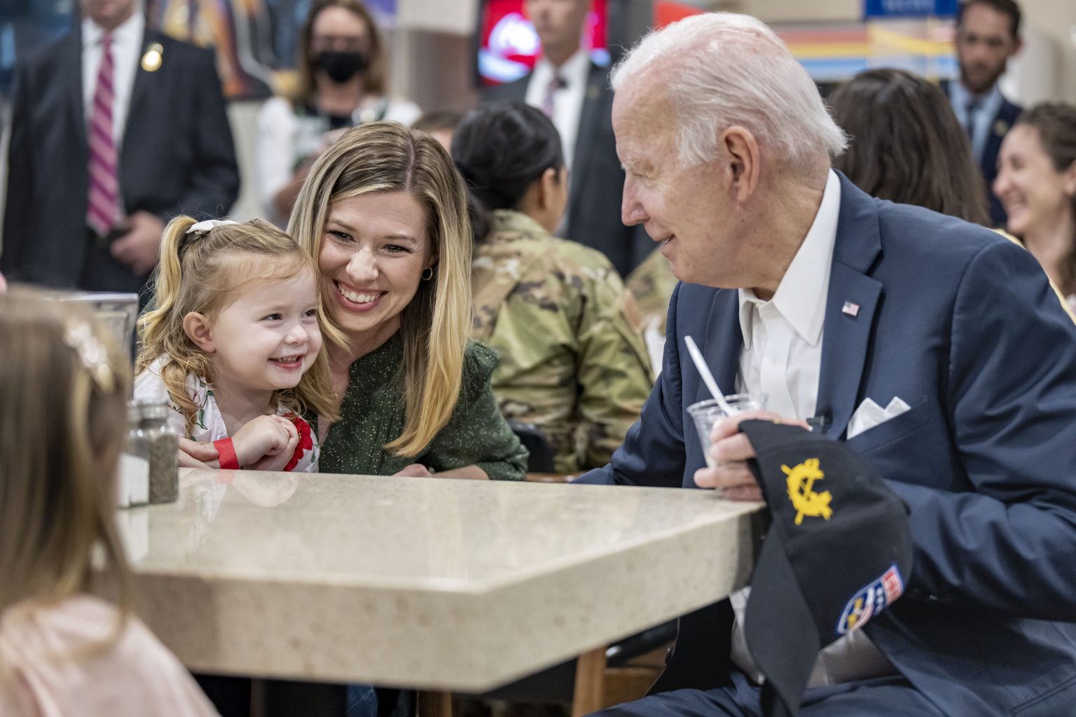 President Joe Biden participates in a meet and greet with members of the U.S. Air Force 51st Fighter Wing, U.S. Forces Korea and their families Sunday, May 22, 2022, at the MiG Alley Bowling Center at Osan Air Base in Seoul, South Korea. (Official White House Photo by Adam Schultz)