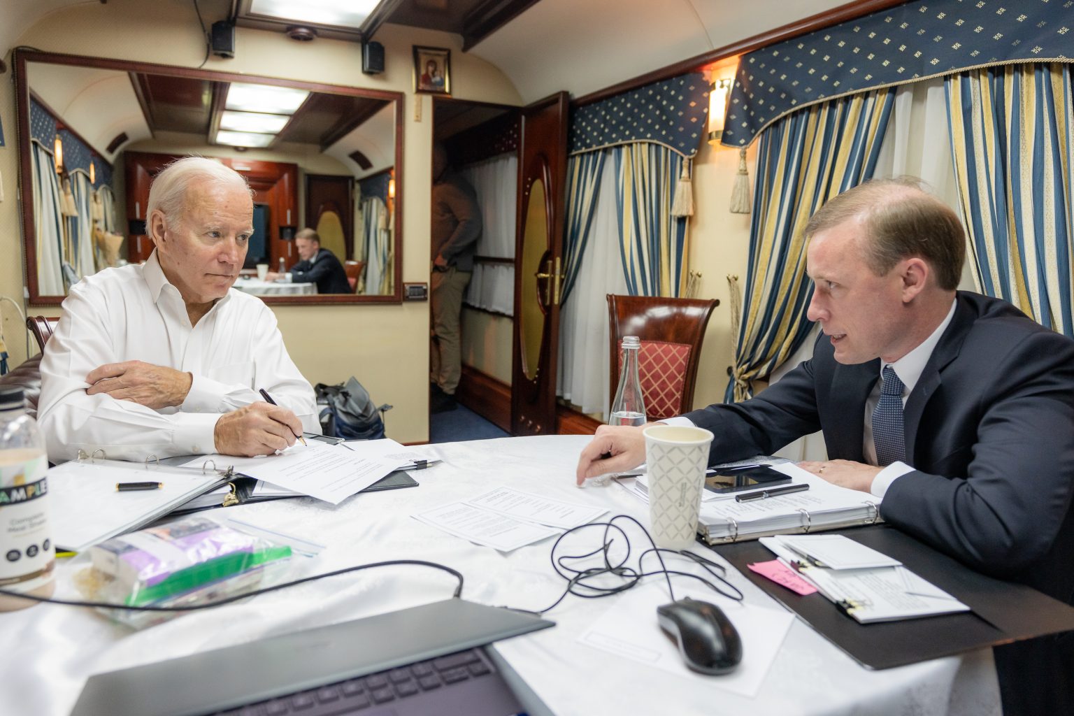 President Joe Biden works with National Security Adviser Jake Sullivan during the overnight train ride  from Przemysl Station in Poland Sunday, February 19, 2023, en route to the Kyiv Train Station in Ukraine. (Official White House Photo by Adam Schultz)