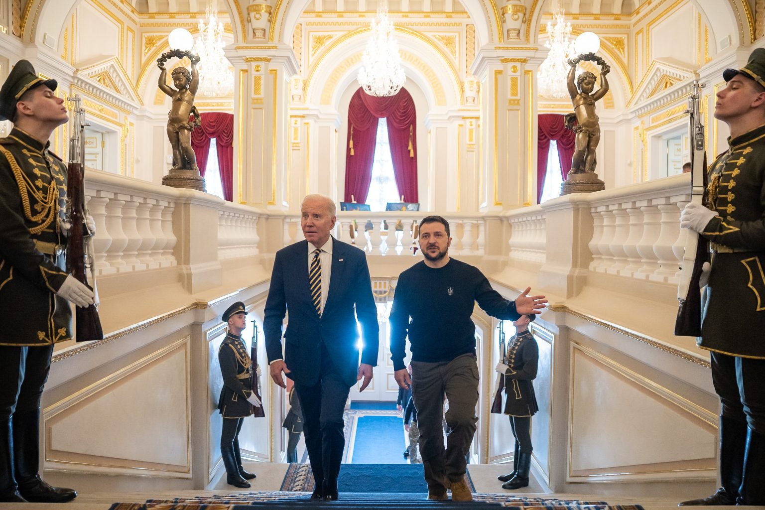 President Joe Biden arrives to Mariyinskyy Palace with Ukrainian President Volodymyr Zelenskyy, February 20, 2023, in Kyiv, Ukraine. (Official White House Photo by Adam Schultz)