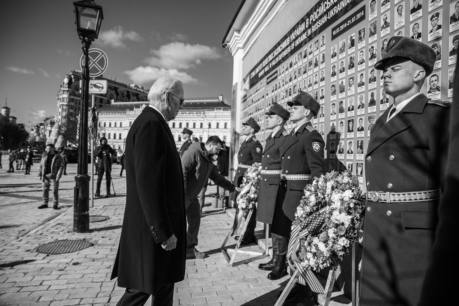 President Joe Biden visits the Wall of the Fallen, Monday, February 20, 2023, at St. Michael’s Monastery in Kyiv, Ukraine. (Official White House Photo by Adam Schultz)