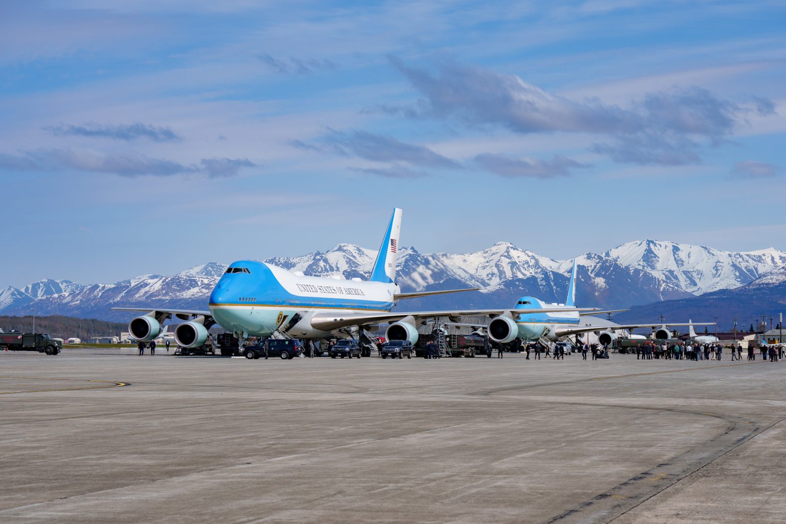 Air Force One makes a refueling stop at Elmendorf Air Force Base in Anchorage, Alaska on Wednesday, May 17, 2023, en route to the G7 Hiroshima Summit in Japan. (Official White House Photo by Adam Schultz)