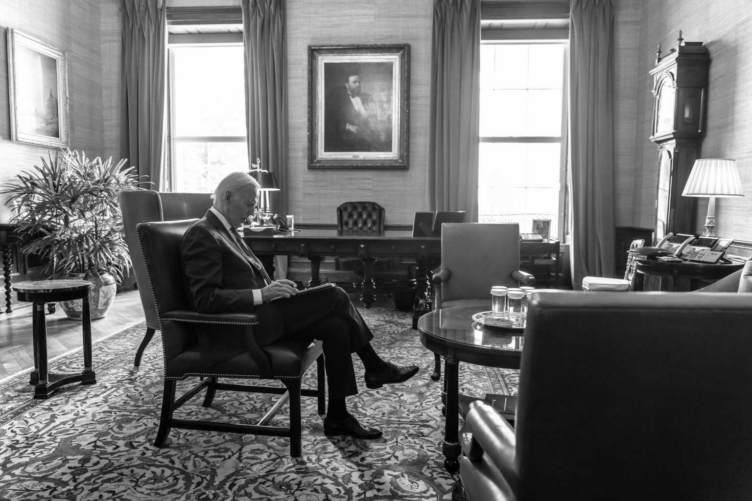 President Joe Biden reviews remarks he will deliver during an upcoming trip to Connecticut, Thursday, June 15, 2023, in the Treaty Room of the White House. (Official White House Photo by Adam Schultz)