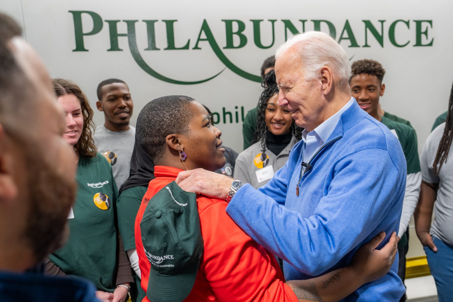 President Joe Biden poses for a group photo with volunteers at Philabundance, a hunger relief organization in Philadelphia, on Monday, January 15, 2024, in observance of the Martin Luther King, Jr. Day of Service. (Official White House Photo by Adam Schultz)