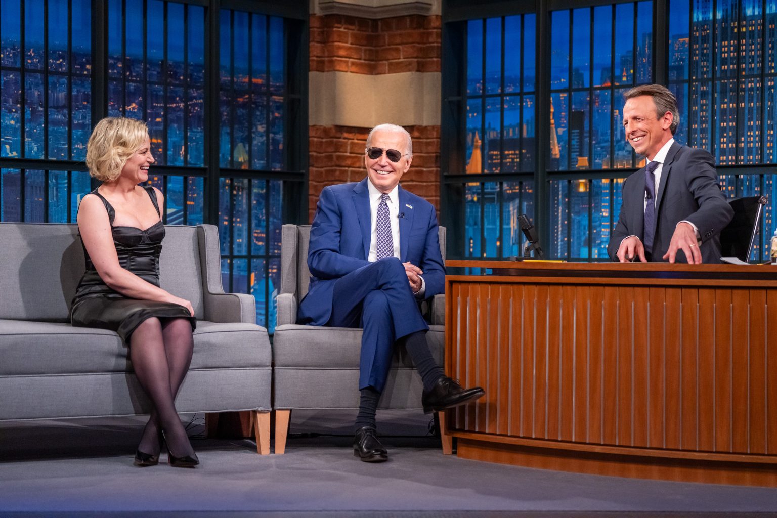 President Joe Biden makes an appearance on “Late Night with Seth Meyers” with host Seth Meyers and guest Amy Poehler, Monday, February 26, 2024, at the NBC Late Night Studio at 30 Rockefeller Plaza in New York City. (Official White House Photo by Adam Schultz)