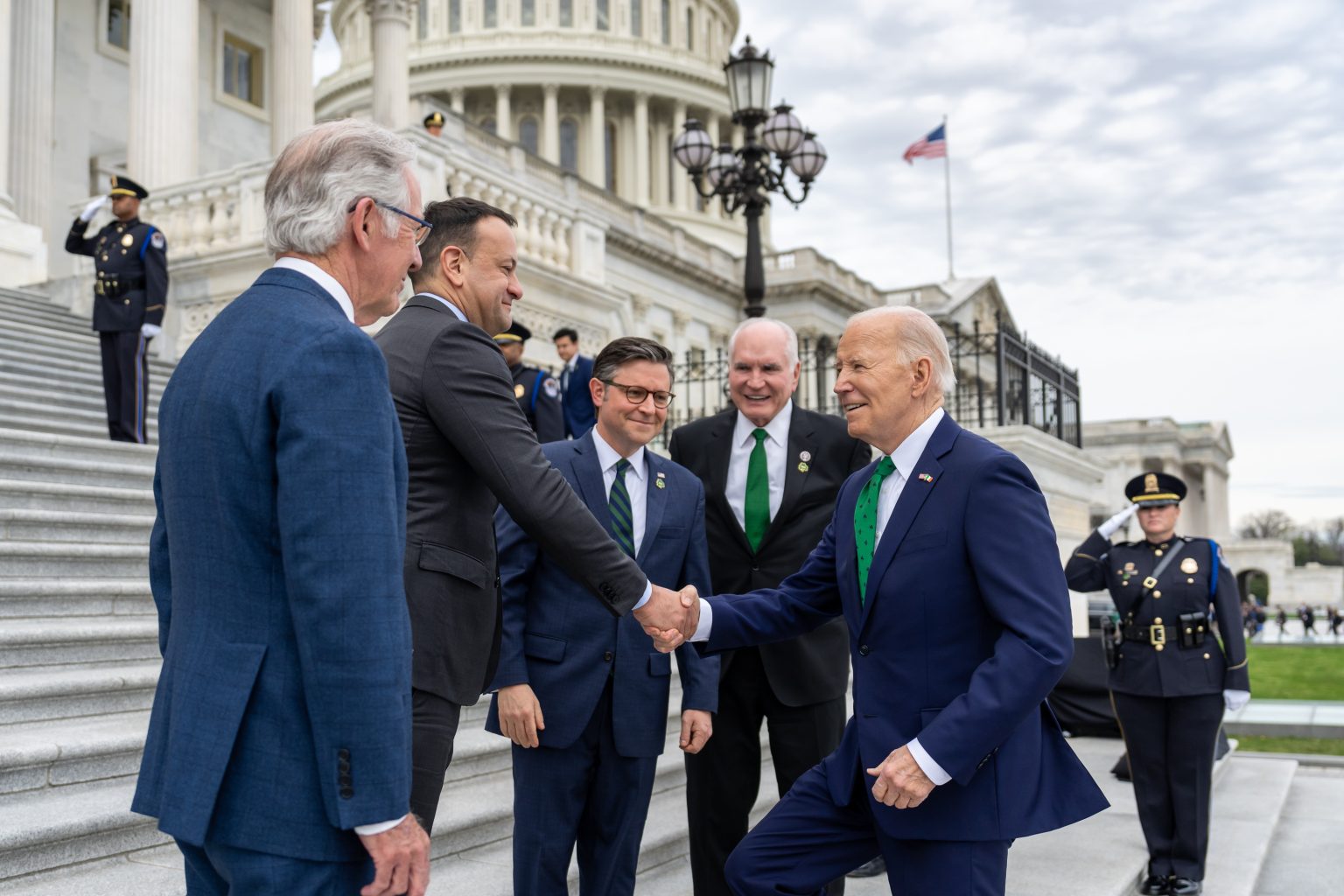 President Joe Biden greets Taoiseach Leo Varadkar, House Speaker Mike Johnson (R-LA), Rep. Mike Kelly (R-PA) and Rep. Richard Neal (D-MA) at the U.S. Capitol in Washington, D.C., Friday, March 15, 2024, as he arrives for the Friends of Ireland Luncheon. (Official White House Photo by Adam Schultz)