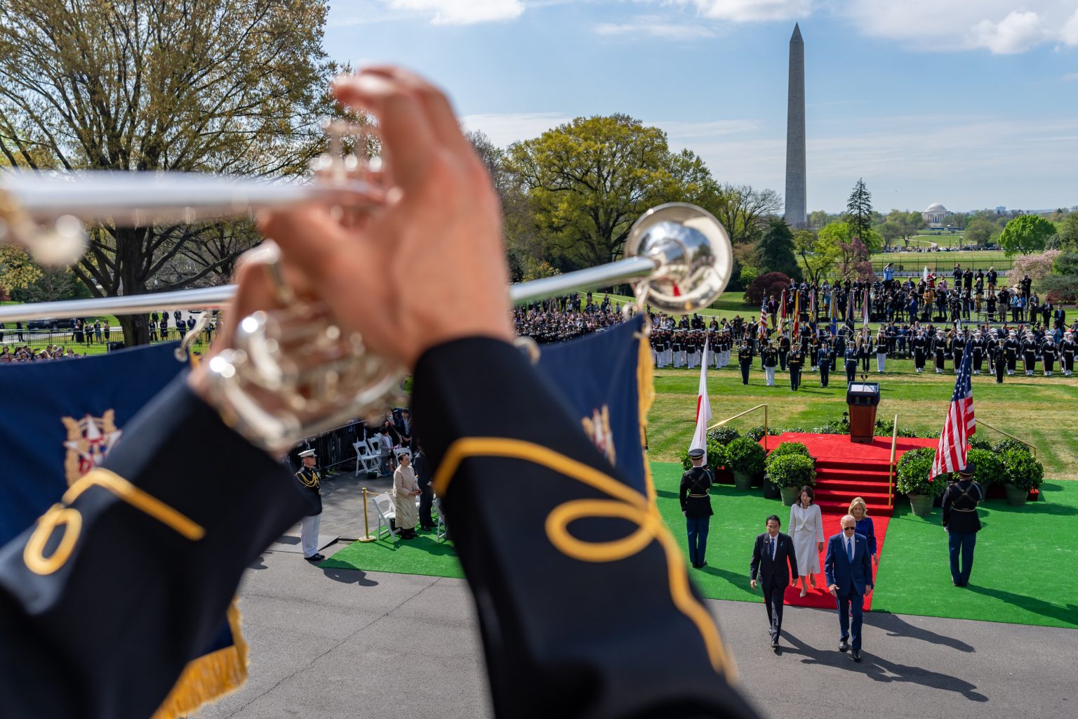 Herald trumpeters play as President Joe Biden, First Lady Jill Biden, Japanese Prime Minister Kishida Fumio and Mrs. Kishida Yuko depart the South Lawn after the State Arrival Ceremony, Wednesday, April 10, 2024, at the White House. (Official White House Photo by Adam Schultz)