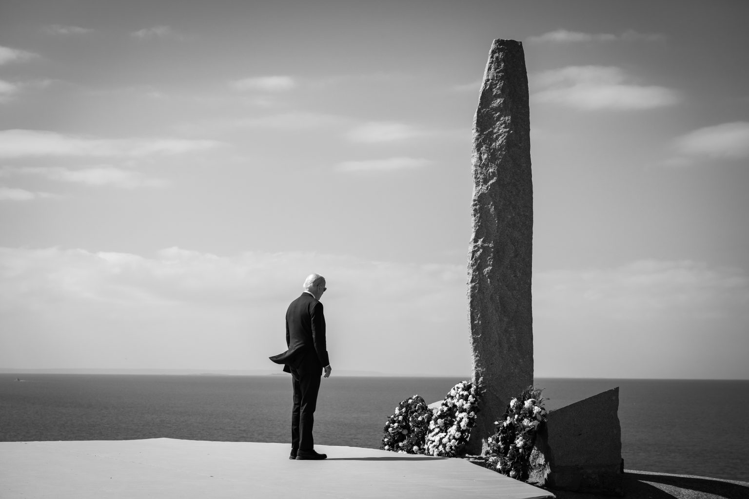 President Joe Biden arrives at the Pointe du Hoc Ranger Monument before his speech on democracy and freedom, Friday, June 7, 2024, in Normandy, France. (Official White House Photo by Adam Schultz)