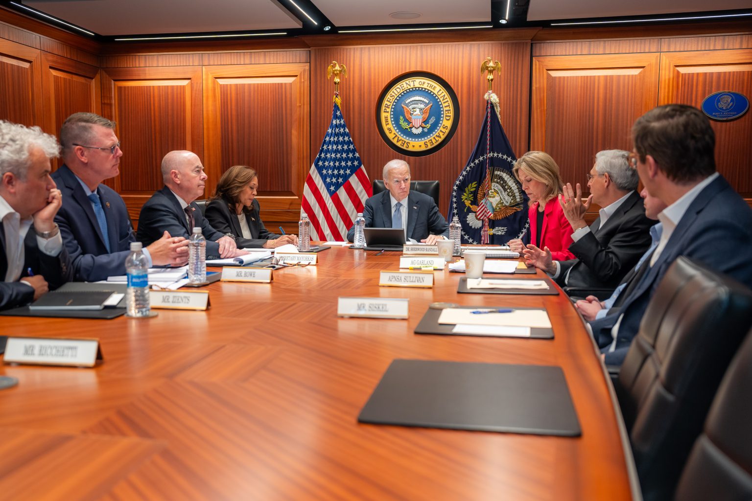 President Joe Biden and Vice President Kamala Harris are briefed by National Security Advisors and members of law enforcement agencies on the assassination attempt yesterday on Former President Trump in Butler, Pennsylvania, Sunday, July 14, 2024, in the White House Situation Room. (Official White House Photo by Adam Schultz)