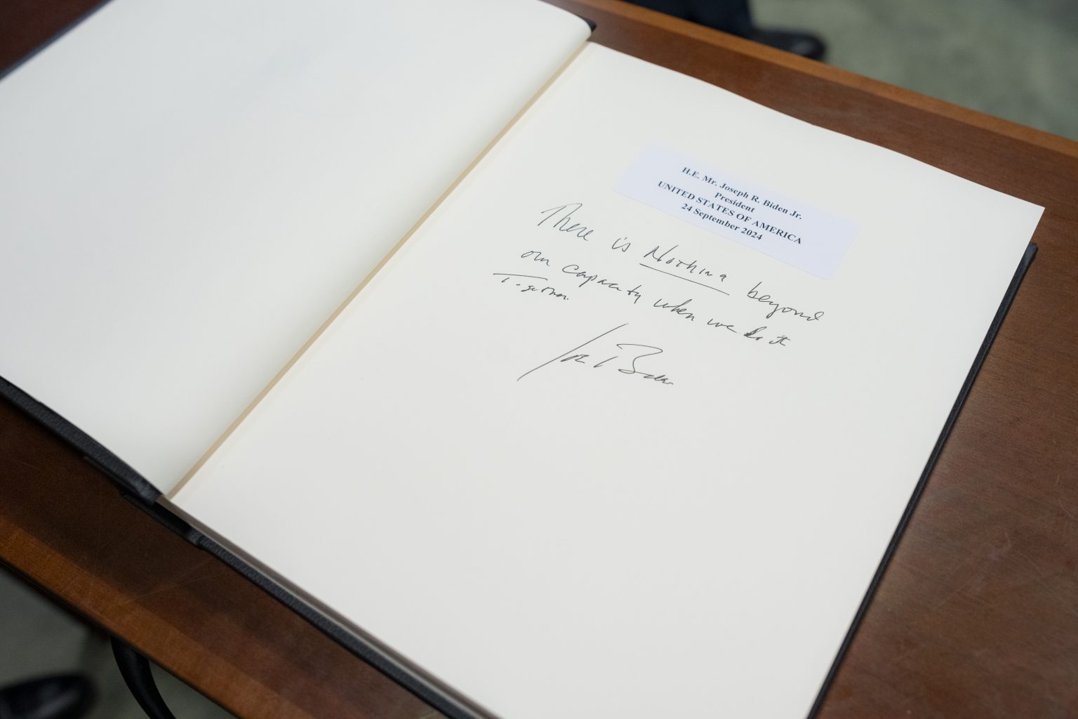 President Joe Biden signs the guest book with U.N. Secretary General Antonio Guterres, Tuesday, September 24, 2024, at the United Nations Headquarters in New York City. (Official White House Photo by Adam Schultz)