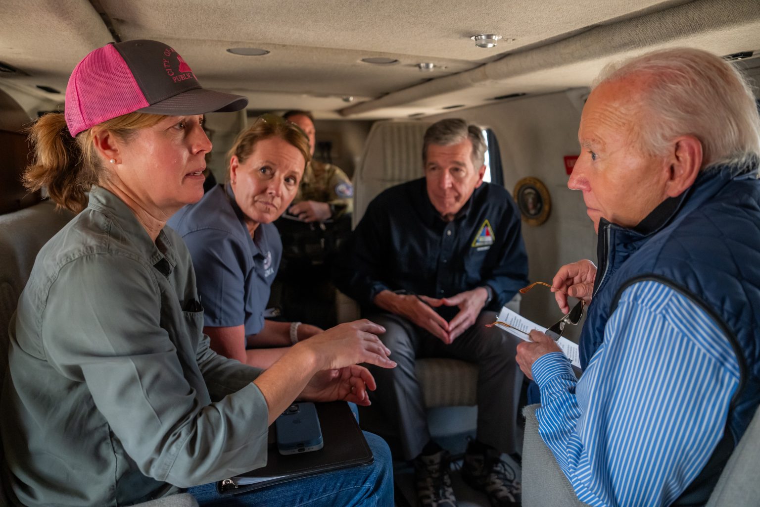 President Joe Biden receives an aerial tour aboard Marine One to assess areas impacted by Hurricane Helene, Wednesday, October 2, 2024, in western North Carolina. (Official White House Photo by Adam Schultz)