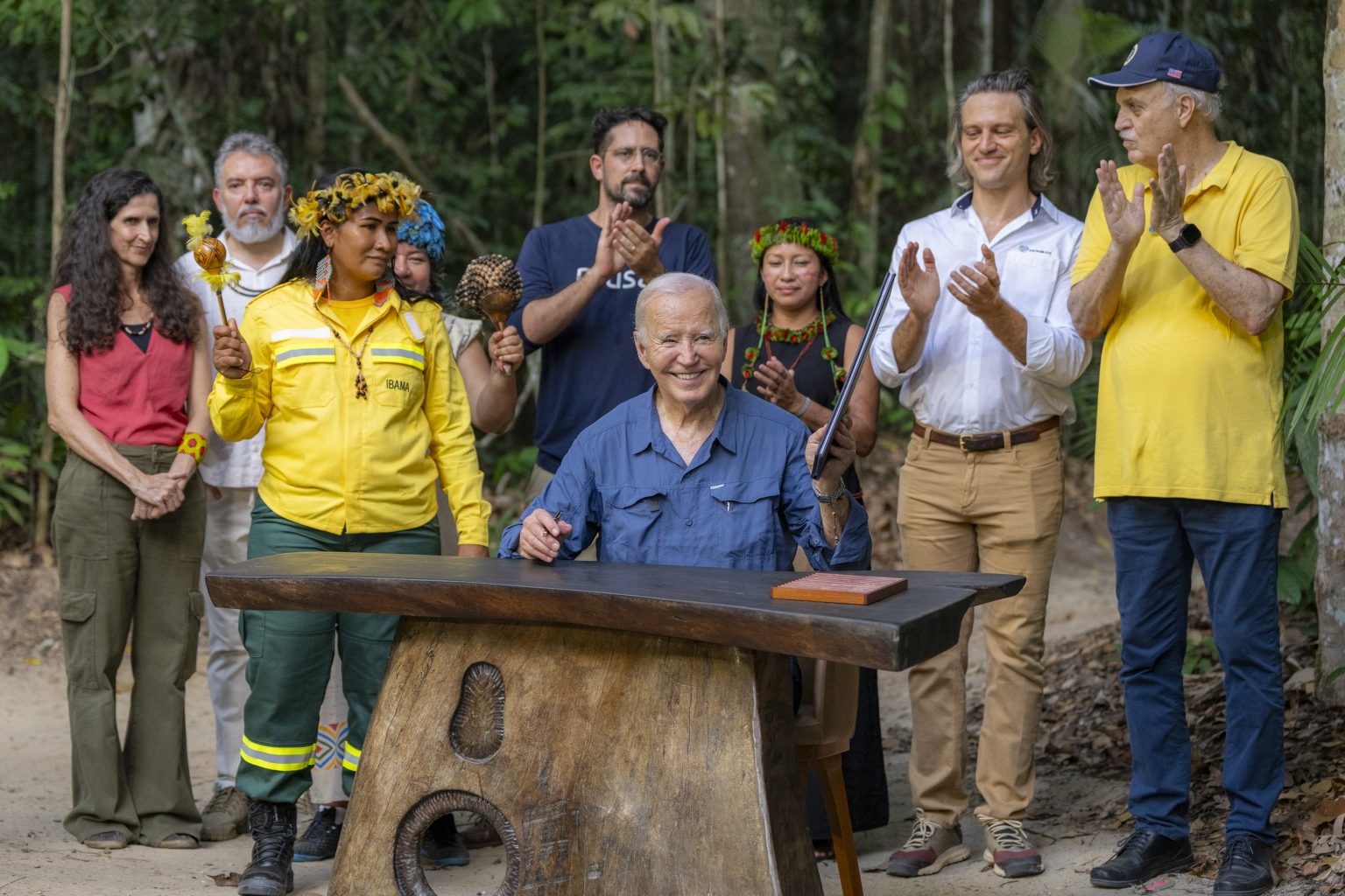 President Joe Biden signs a U.S proclamation designating November 17th as International Conservation Day at MUSA, the Museu da Amazonia, Sunday, November 17, 2024, in Manaus, Brazil. (Official White House Photo by Adam Schultz)