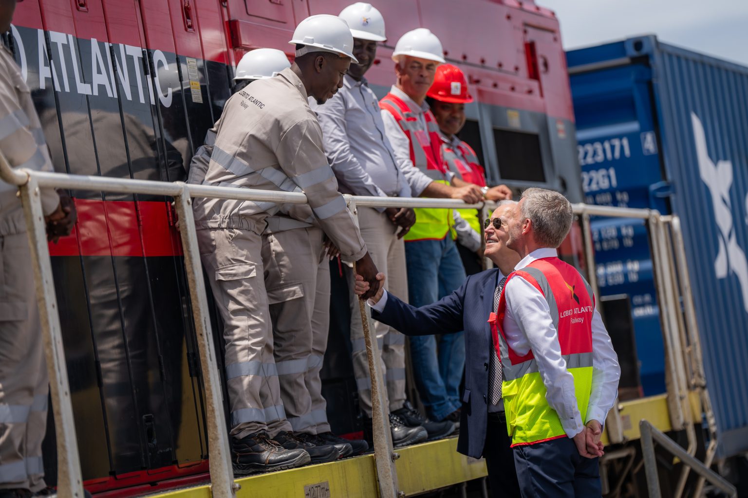 President Joe Biden greets Lobito Atlantic Railway workers at the Lobito Port Terminal, Wednesday, December 4, 2024, in Lobito, Angola. (Official White House Photo by Adam Schultz)